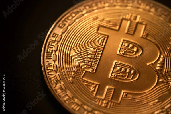Obraz Bitcoin gold coin on the dark black background. P2P bitcoin trading. Peer-to-peer payment system. Blockchain technology. Digital cryptocurrency virtual money.