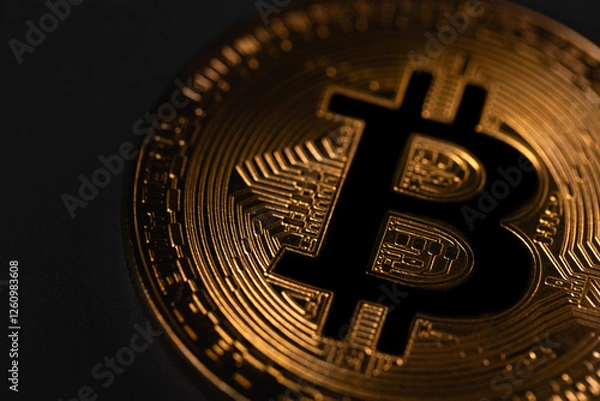 Obraz Bitcoin gold coin on the dark black background. P2P bitcoin trading. Peer-to-peer payment system. Digital cryptocurrency virtual money. Blockchain technology.