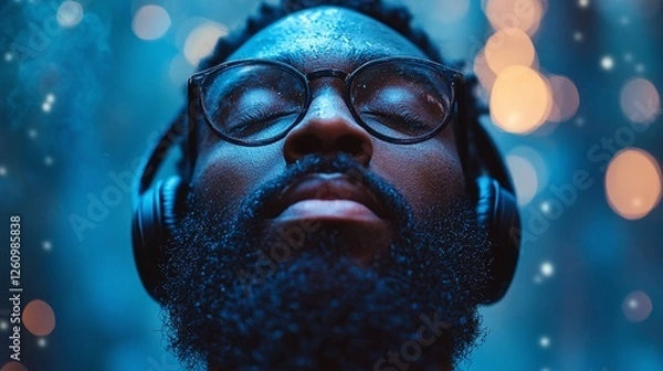 Fototapeta trendy bearded man wearing headphones and enjoying music, focused on high-quality sound in a peaceful and immersive listening experience with modern technology