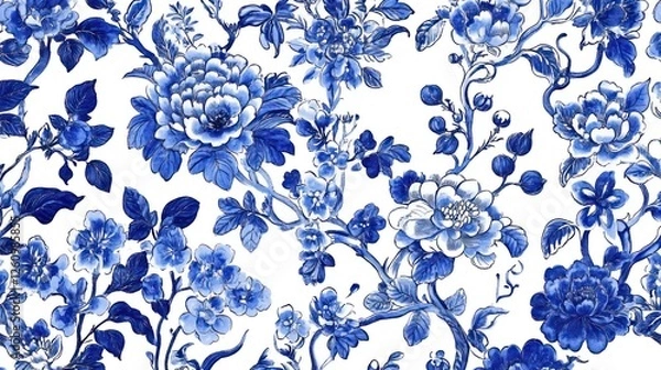 Fototapeta Blue floral pattern, textile design, white background