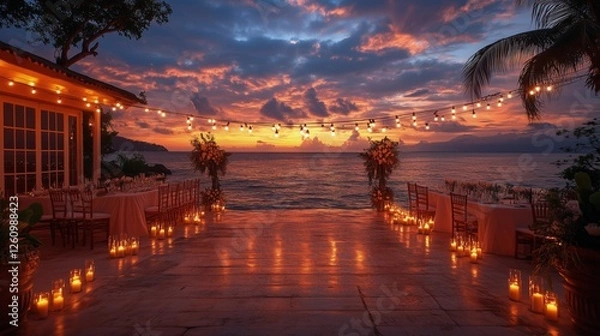 Obraz Romantic sunset wedding reception by the ocean with decorative lights and candles