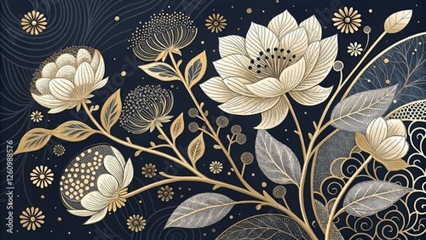Fototapeta Sophisticated Blooms Stylized Floral Pattern with Intricate Details on Dark Canvas