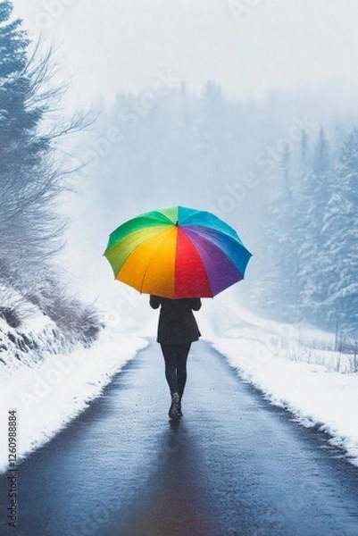 Fototapeta Silhouette of a person walking with a rainbow umbrella on a snowy path during winter, creating a colorful contrast against the white landscape. Generative AI