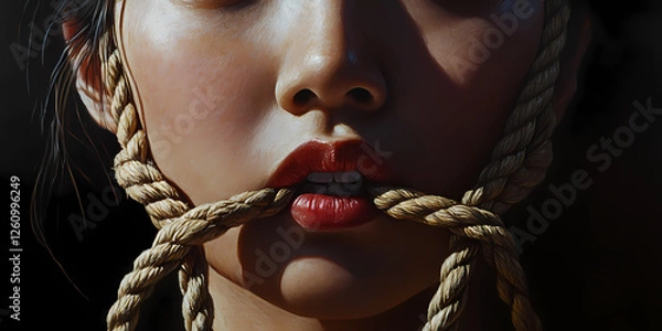 Fototapeta Silent Protest: An evocative artwork captures the silent struggle of a woman whose mouth is bound by rope. The artwork, a poignant portrayal, sparks contemplation about expression and constraint