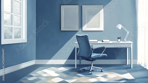 Fototapeta Serene Blue Office Workspace With Empty Desk And Chair