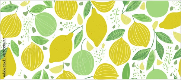 Obraz Botanic seamless pattern with yellow lemons and lemon slices. Hand drawn lemons pattern on white background. Fruit repeated background. Vector bright print for fabric, wallpaper, design, party paper.