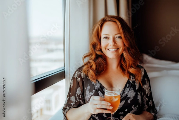 Obraz A curvy red-haired woman in her 30s in a hotel room, holding a cocktail, pretty and perfect body, flirtatious.