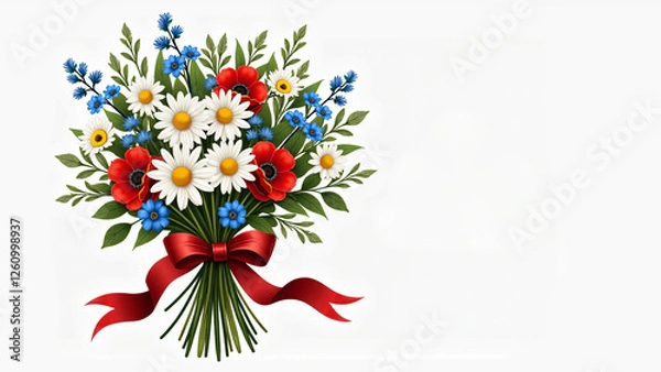 Fototapeta Beautiful bouquet of red, white and blue flowers tied with red satin ribbon in a bow on white background with free space for text. AI generative.