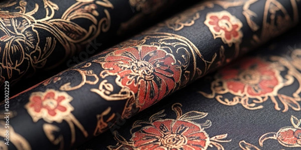 Fototapeta Luxurious Black Fabric with Gold and Red Floral Patterns