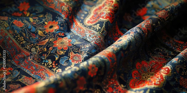 Fototapeta Elegant Floral Fabric with Intricate Red and Blue Patterns