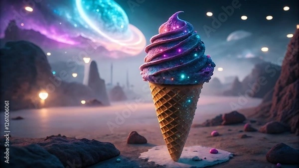 Fototapeta Vibrant neon ice cream cone with glowing colors in a futuristic sci-fi setting featuring a dreamy cosmic background and floating elements