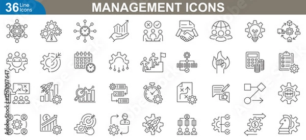 Fototapeta Management icons set. Professional vector illustrations representing project management, task organization, leadership, time management, strategy planning, team collaboration and more.