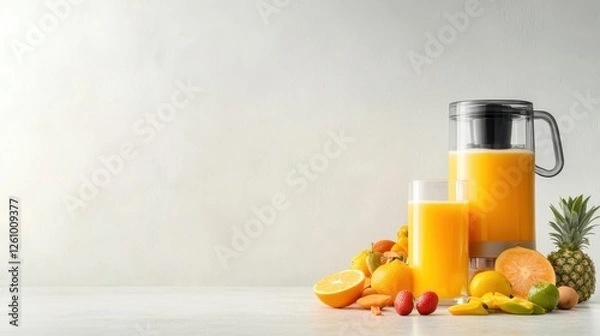 Fototapeta Blender with orange juice and fresh fruit on a kitchen counter with a juicer