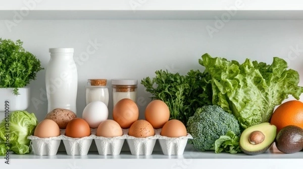 Obraz Shelf stocked with fresh vegetables and whole foods including eggs and avocados