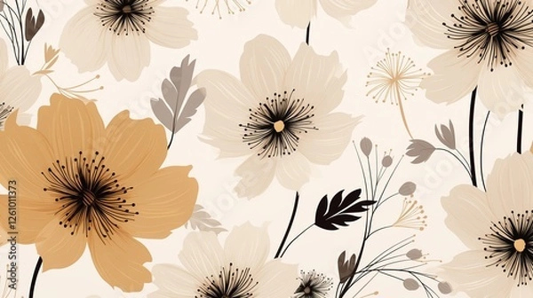 Obraz Seamless pattern with flowers in a modern minimalist design, with monochrome line art floral motifs on a neutral backdrop
