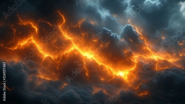 Fototapeta Fiery Lightning Cracks Across Dark Storm Clouds