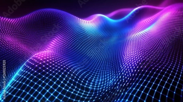 Fototapeta Abstract digital wave, glowing neon grid, dark background, tech design