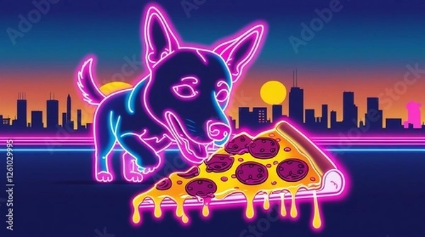 Obraz Neon-Style Happy Dog Enjoying Pizza with Vaporwave City Background

