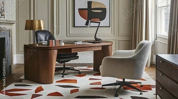 Fototapeta Modern Home Office Desk Setup With Comfortable Chair And Rug