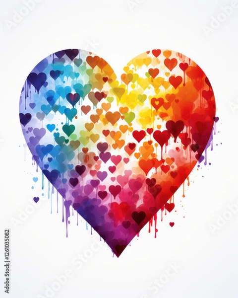 Fototapeta Watercolor illustration of a rainbow heart with small hearts and paint drips on white background, LGBTQ+ pride symbol