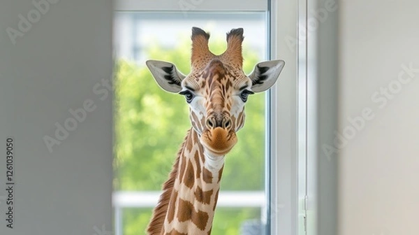 Obraz Giraffe peering through doorway, showcasing its unique features