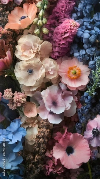 Fototapeta Close up of a vibrant arrangement of various flowers, showcasing a mix of colors and textures, creating a beautiful display