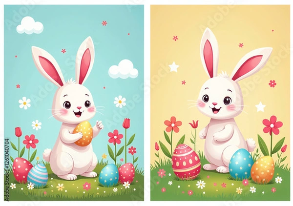 Fototapeta colorful rabbit posters promote easter egg hunts cartoon spring scenes festive designs holiday flyers banners