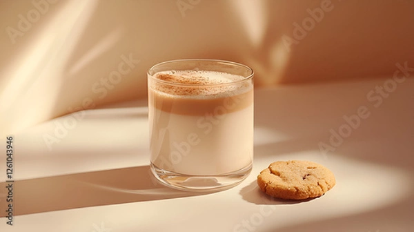 Fototapeta A layered beverage in a glass next to a cookie illuminated by natural light creating soft shadows.