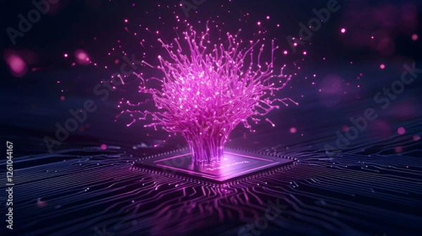 Fototapeta Tech Glowing digital tree emerges from a microchip, representing AI, future, & technology