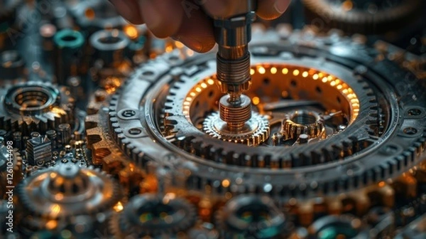 Fototapeta Close-up of hand adjusting intricate gears and cogs in a complex mechanism with glowing lights.