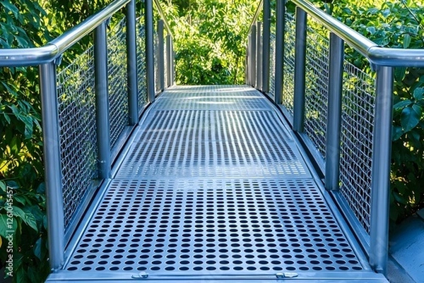 Obraz Modern Footbridge: A contemporary metal footbridge with a sleek, grated walkway and stainless steel railings extends into a verdant landscape, promising a tranquil journey. 