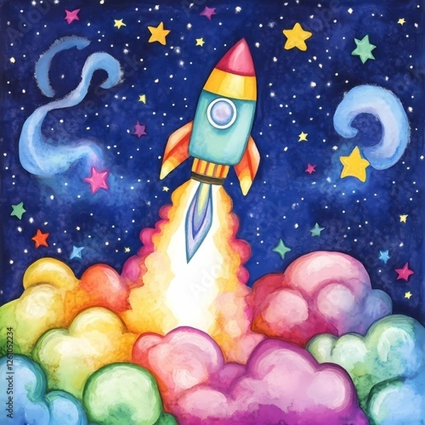 Fototapeta Rocket launching into a colorful galaxy filled with stars and clouds at night