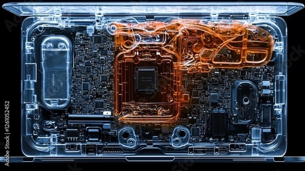 Fototapeta Transparent phone, internal components, cooling system, circuit board, technology background, tech illustration