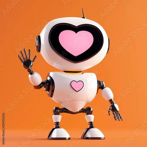 Fototapeta Cute robot character with heart-shaped design greeting in a vibrant orange background