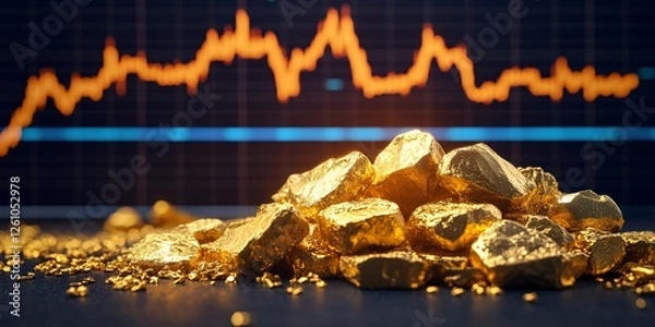 Fototapeta A pile of gold nuggets with a blurred financial market graph in the background