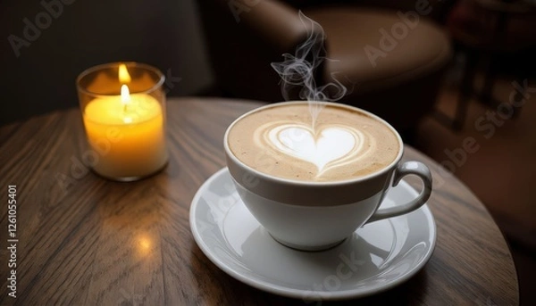 Fototapeta Intimate Café Moment with Latte and Candlelight