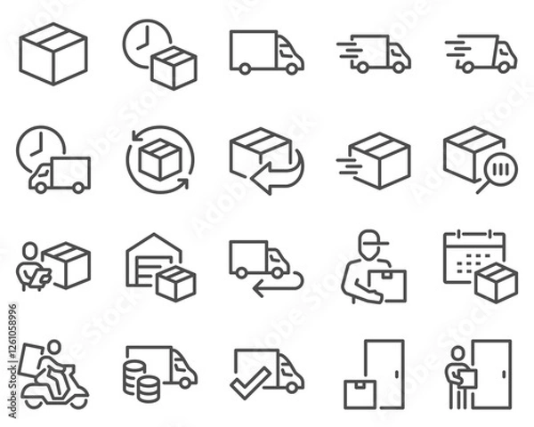 Fototapeta imple Set of Truck Delivery Related Vector Line Icons. Contains such Icons as Door to Door Delivery, Express Shipping, Supply and more.