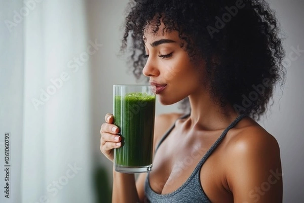 Fototapeta Smiling woman drinking green detox smoothie, embodying wellness and vitality while nourishing body with fresh, nutrient-rich beverage