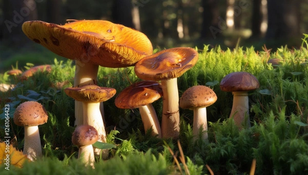 Fototapeta Illustrate a magical forest where mushrooms of various shapes and sizes glow under the soft light of a setting sun.
