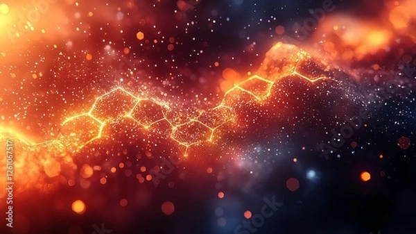 Obraz Abstract molecular structure glowing in vibrant orange and blue hues, symbolizing innovation and energy in science and technology.