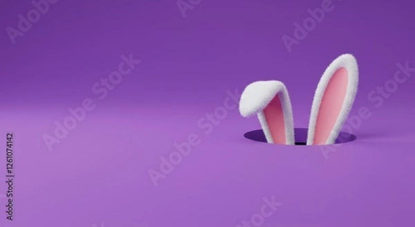 Obraz Pink bunny ears peeking from purple hole in playful minimalist design