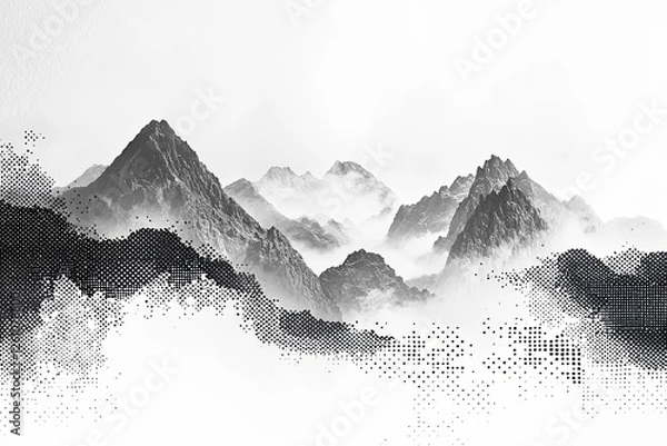 Fototapeta Grayscale halftone dots background with a fading dot effect, resembling a abstract mountain landscape.