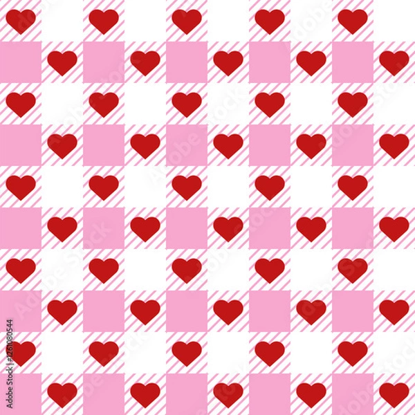 Obraz Pink Heart gingham check plaid pattern. Valentine's Day design. Vector background. Seamless texture for print, textile, fabric.