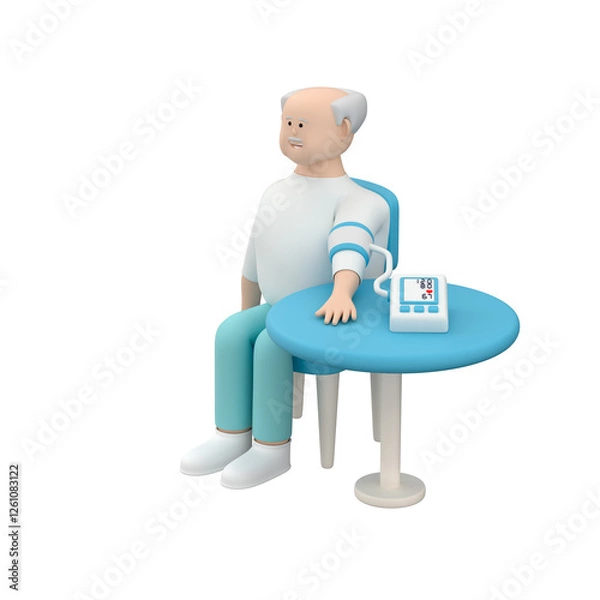 Fototapeta Senior male character sitting on the chair at a table and using a blood pressure machine over a white backdrop, 3d render