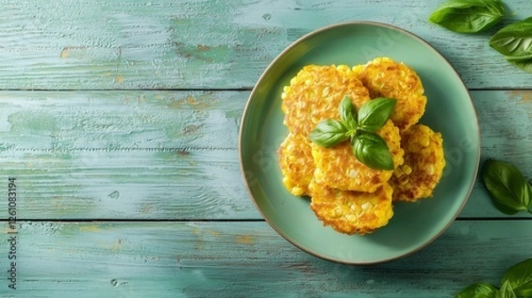 Obraz Top-Down of Golden Sweetcorn and Basil Fritters Stacked Neatly on Pastel Green Ceramic Plate, With Fresh Basil Garnish Against a Light Mint Wooden Background, Vibrant and Crisp Presentation