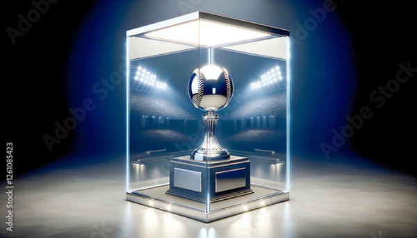 Fototapeta a sleek chrome baseball trophy sits proudly in a glass, backlit display case, its reflective surface shining brightly, capturing the essence of achievement and victory