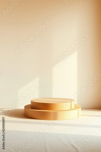 Fototapeta Minimalist wooden podium illuminated by soft natural light, perfect for product display or presentation.