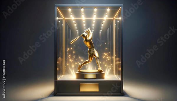 Fototapeta a sleek, shiny chrome baseball trophy is showcased in a glass display case, backlit to highlight its polished surface, symbolizing achievement and excellence in sports