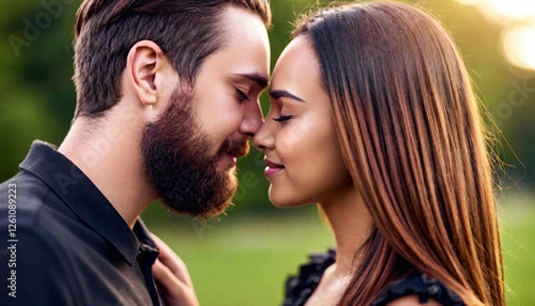 Fototapeta Close-up portrait of a couple with their foreheads touching, their eyes closed in a peaceful, intimate moment.