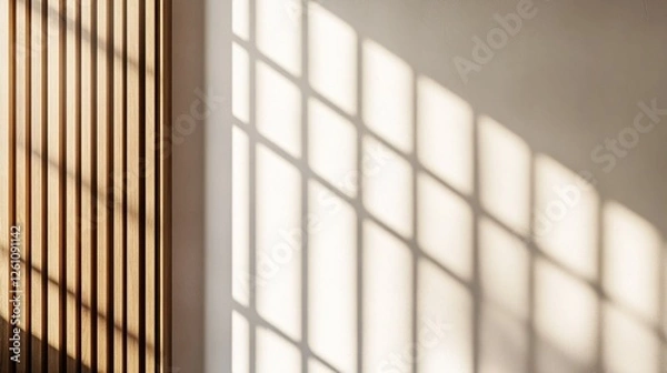 Fototapeta Wooden slats and window pane shadows on a wall